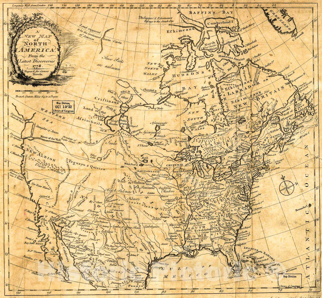 Historic 1781 Map - A New map of North America, from The Latest Discoveries 1778.