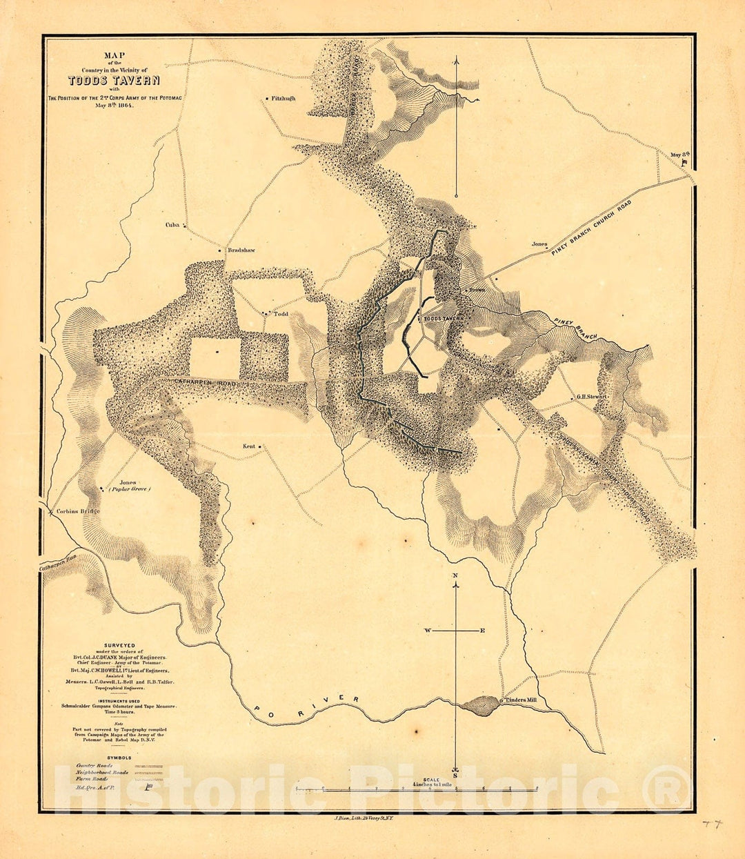 Historic 1865 Map - Map of The Country in The Vicinity of Todds Tavern, with The Position of The 2nd Corps Army of The Potomac, May 8th, 1864