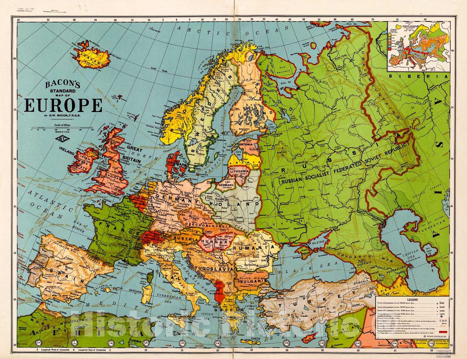 Historic 1920 Map - Bacon's Standard map of Europe