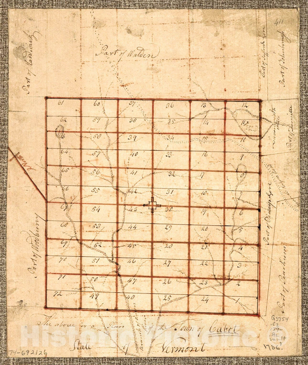 Historic 1780 Map - The Above is a Plan of The Town of Cabot, State of Vermont.