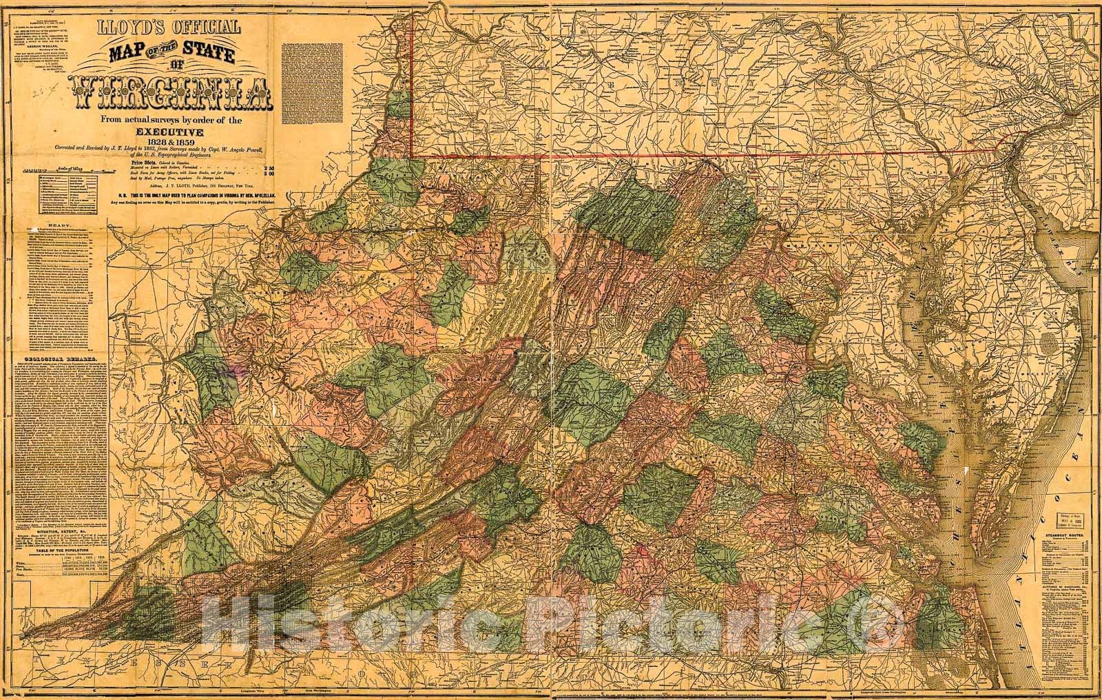 Historic 1862 Map - Lloyd's Official map of The State of Virginia : from Actual surveys by Order of The Executive 1828 & 1859