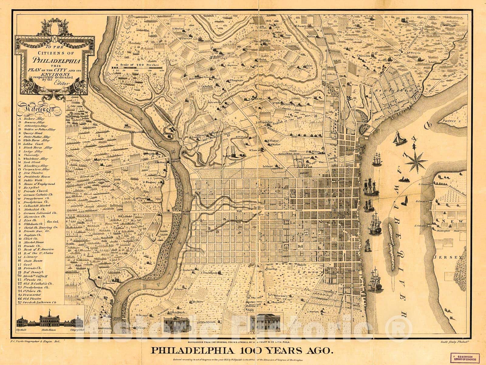 Historic 1875 Map - Philadelphia 100 Years ago.