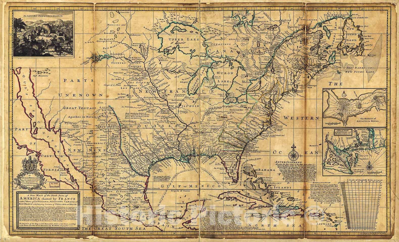 Historic 1720 Map - A New map of The North Parts of America Claimed by France Under ye Names of Louisiana, Mississipi i.e. Mississippi, Canada, and New France