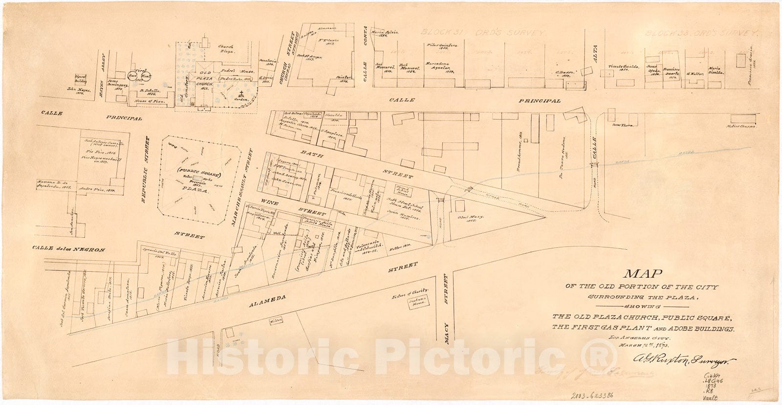 Historic 1873 Map - Map of The Old Portion of The City Surrounding The Plaza, Showing The Old Plaza Church, Public Square, The First Gas Plant and adode Buildings, Los Angeles City,