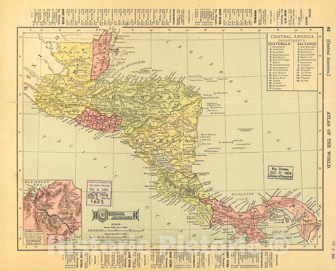 Historic 1904 Map - Central America. 1