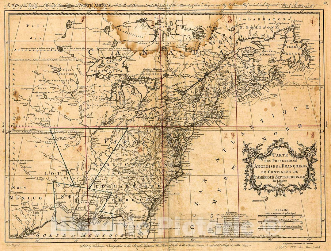 Historic 1759 Map - A map of The British and French dominions in North America with The Roads, Distances, Limits, and Extent of The settlements, forts, as They are Now.