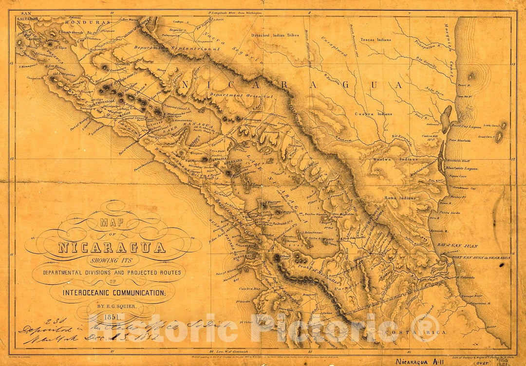 Historic 1851 Map - Map of Nicaragua Showing its departmental divisions and projected Routes of interoceanic Communication.