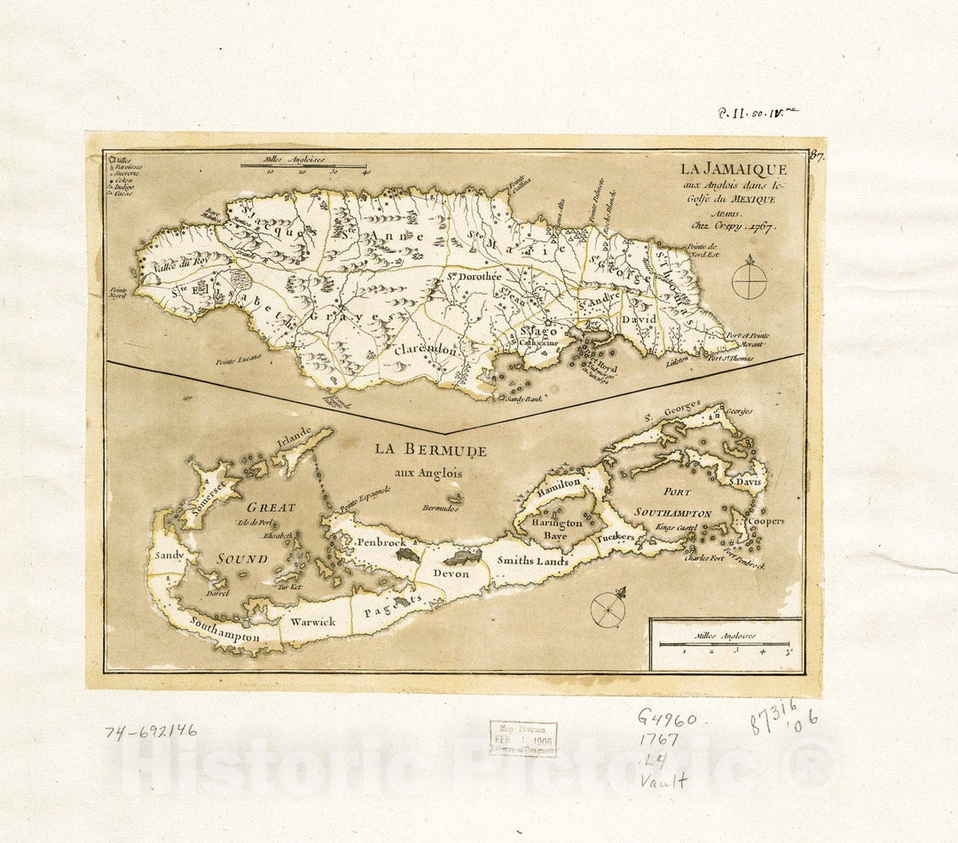 Historic 1767 Map - La Jamaique aux angolis Dans le Golfe du Mexique. La Bermude aux anglois.