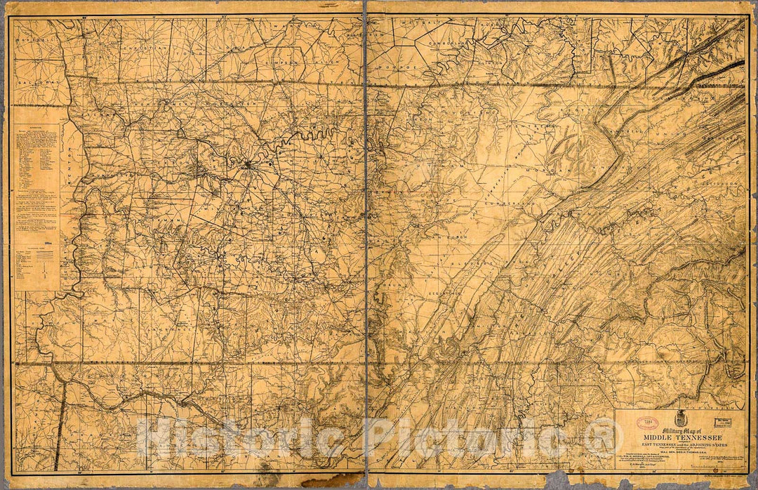 Historic 1874 Map - Military map of Middle Tennessee and Parts of East Tennessee and The adjoining States, Being Part of The Department of The Cumberland