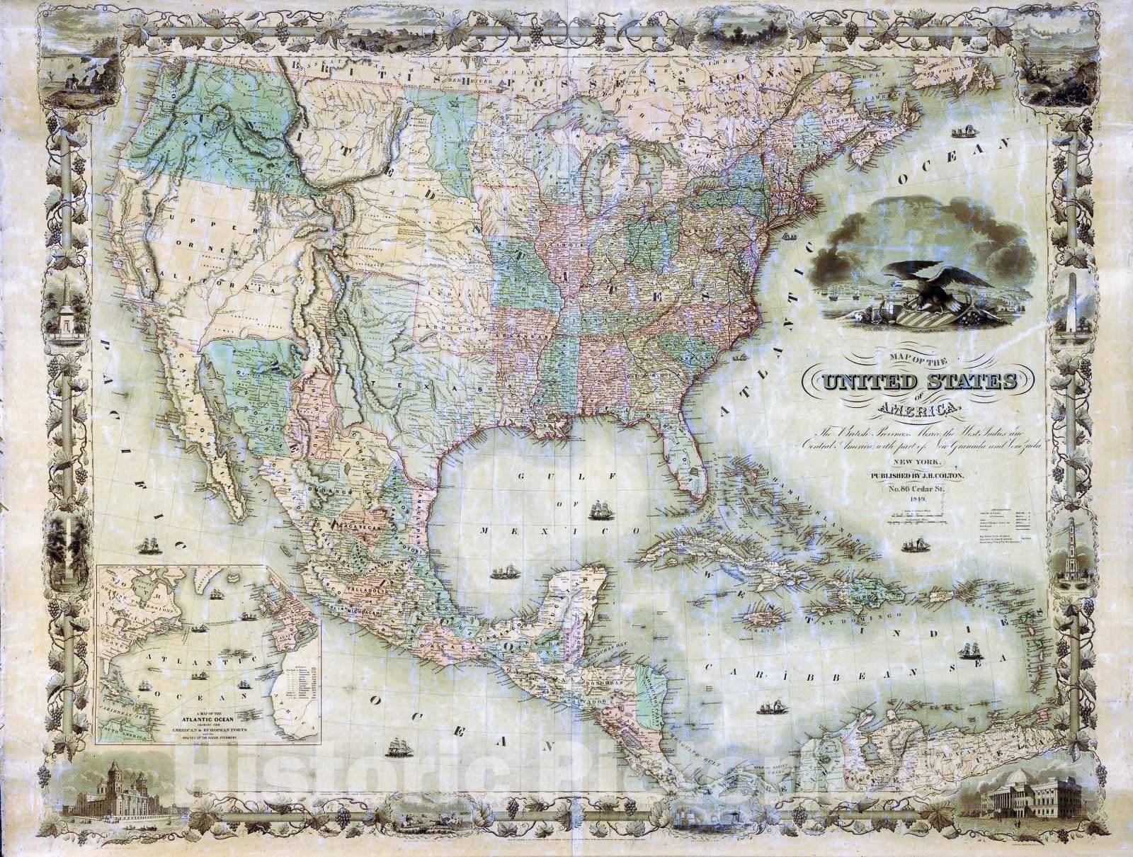 Historic 1849 Map - Map of The United States of America, The British Provinces, Mexico, The West Indies and Central America, with Part of New Granada and Venezuela