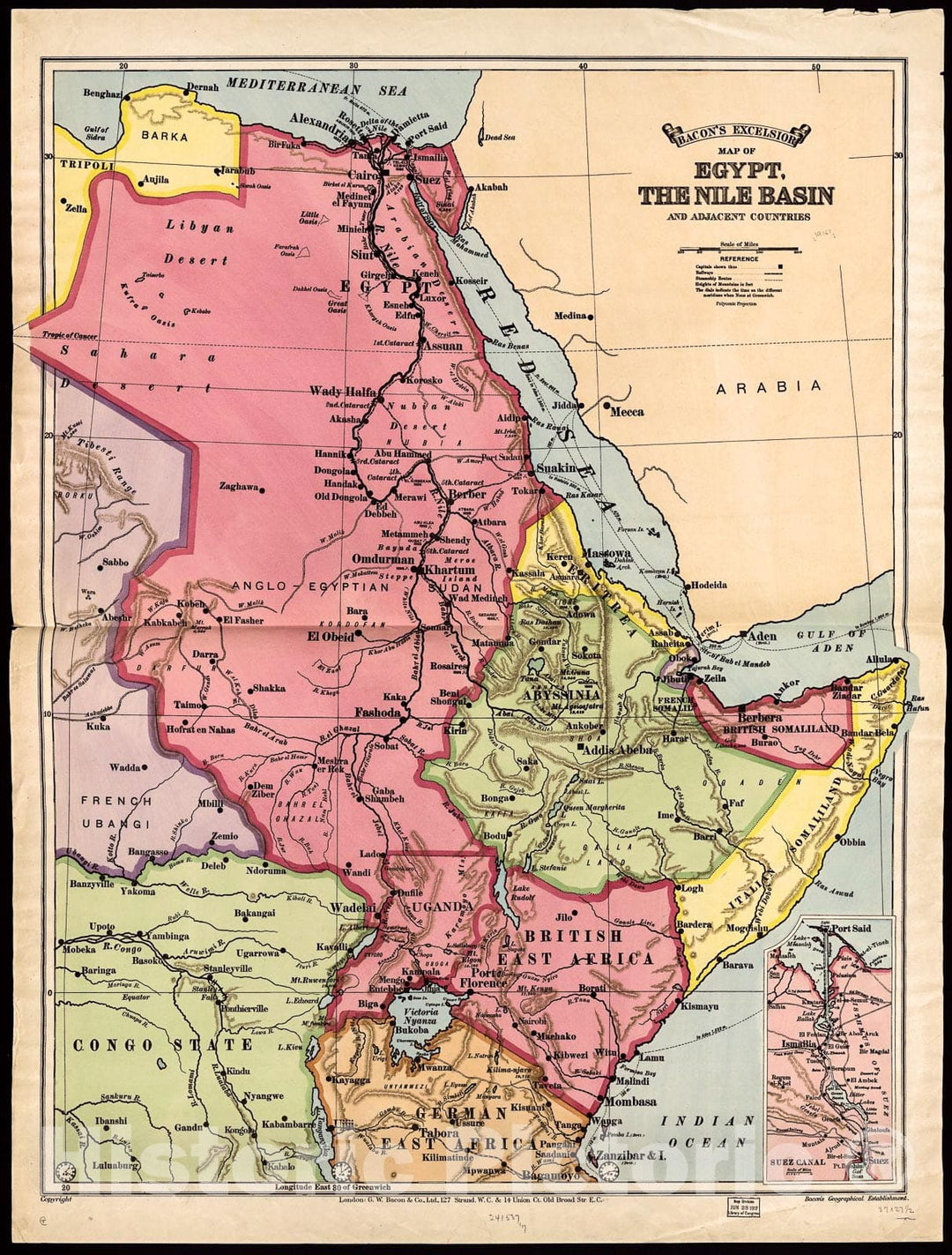 Historic 1916 Map - Bacon's Excelsior map of Egypt, The Nile Basin and adjoining Countries.