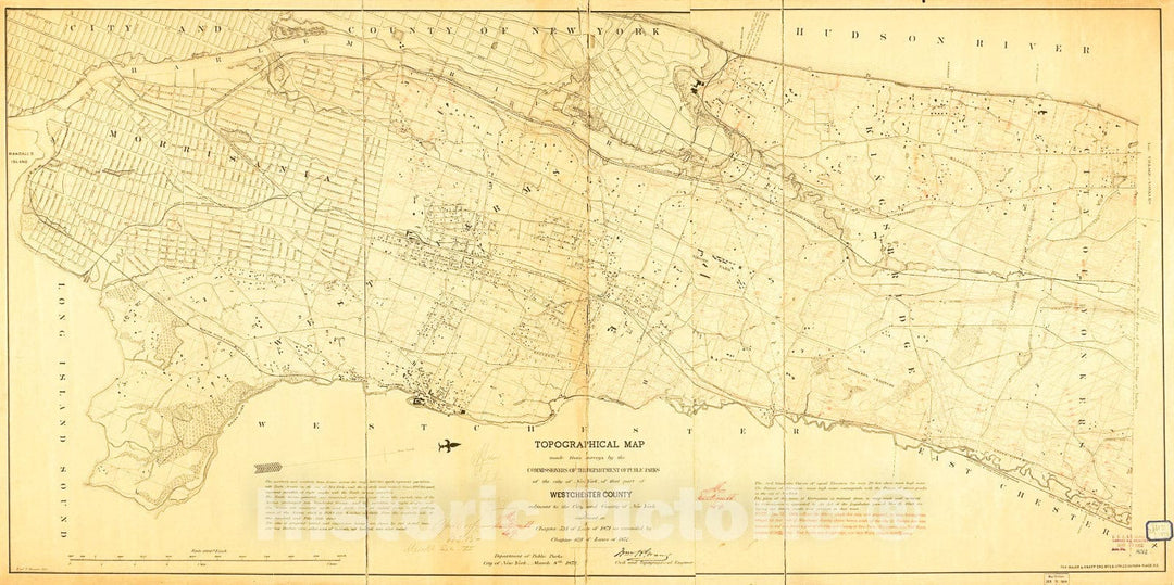 Historic 1874 Map - Topographical map Made from surveys by The commissioners of The Department of Public Parks of The City of New York of That Part of Westchester County