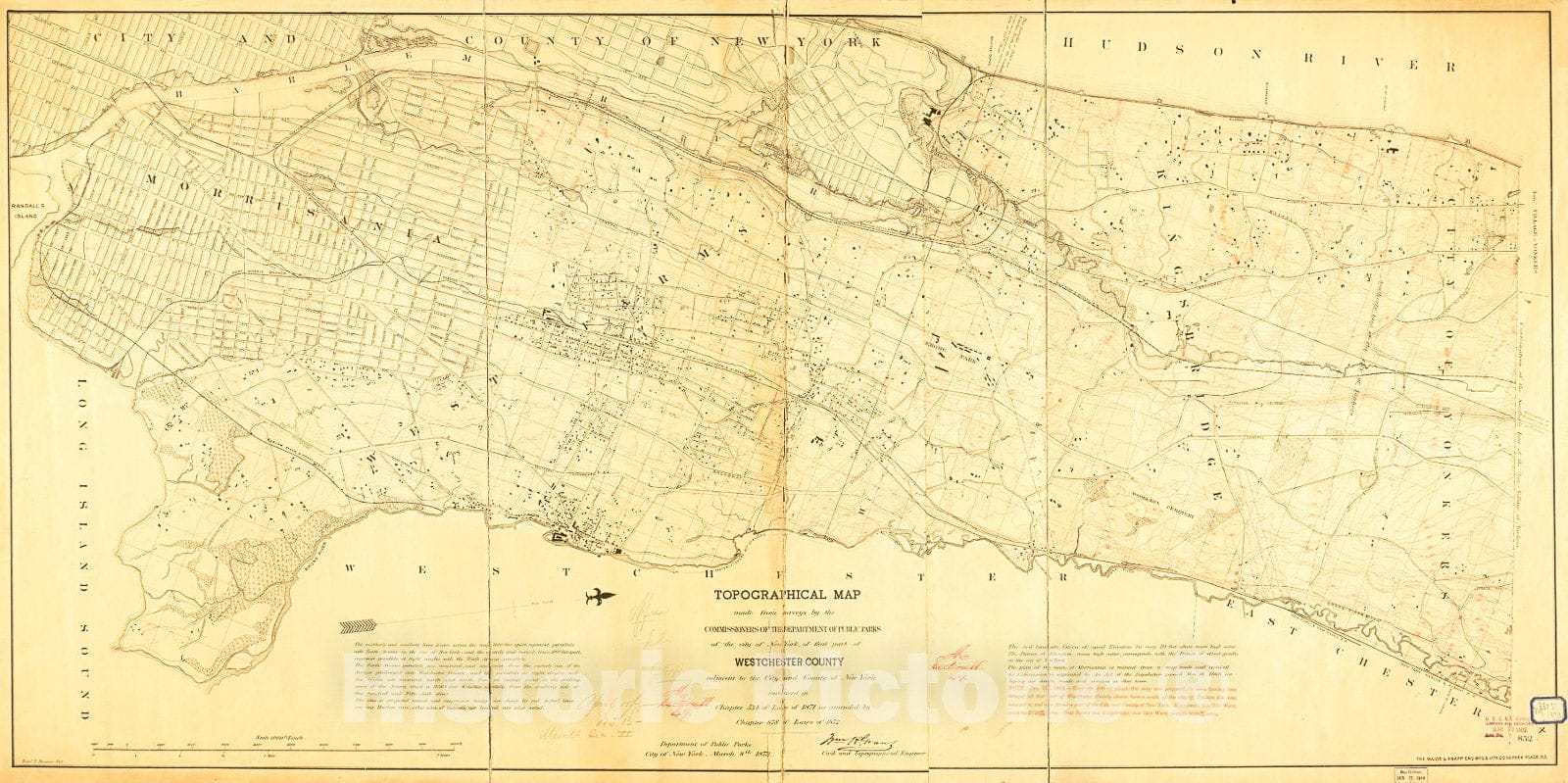 Historic 1874 Map - Topographical map Made from surveys by The commissioners of The Department of Public Parks of The City of New York of That Part of Westchester County