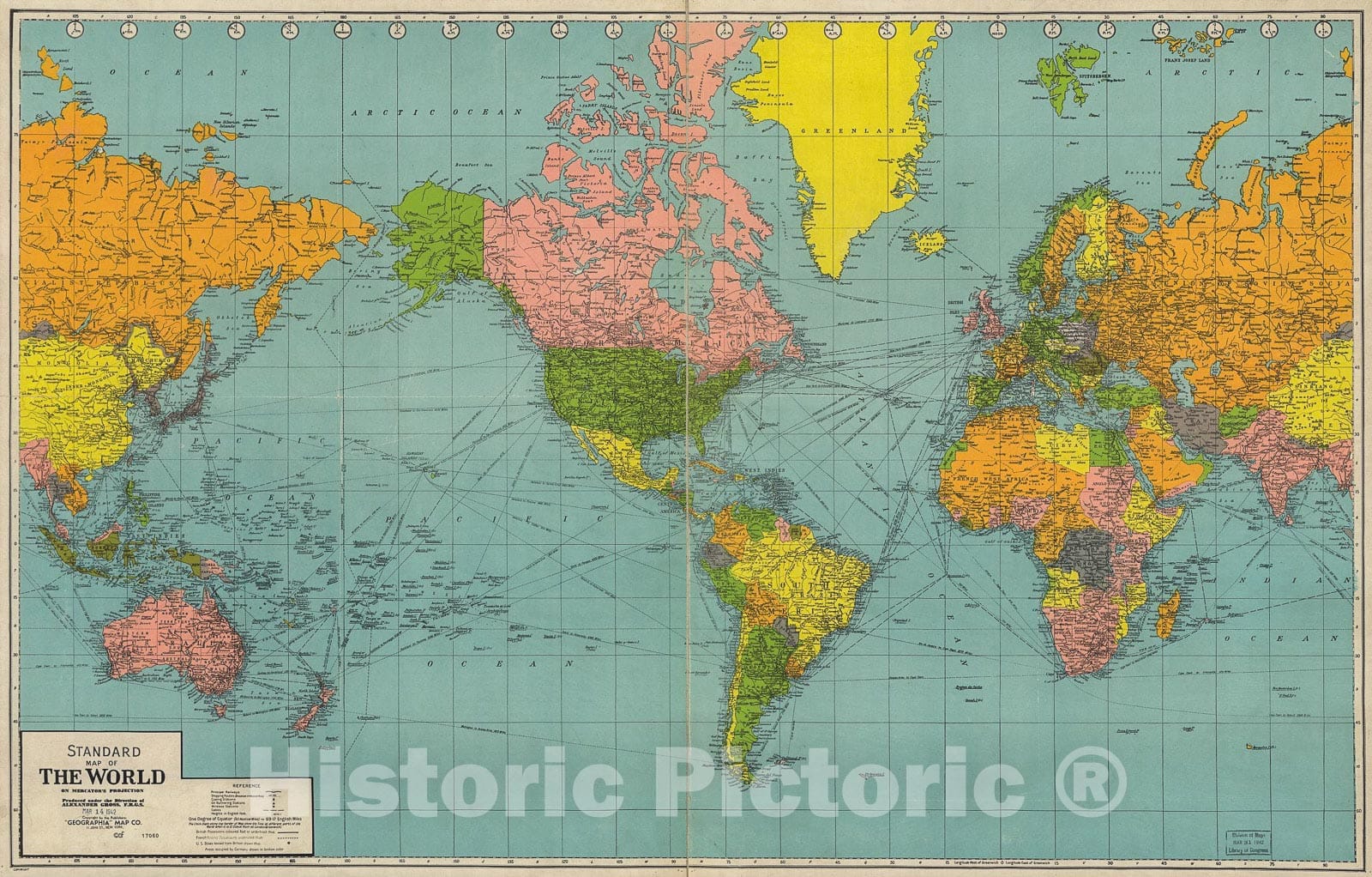 Historic 1942 Map - Standard map of The World.