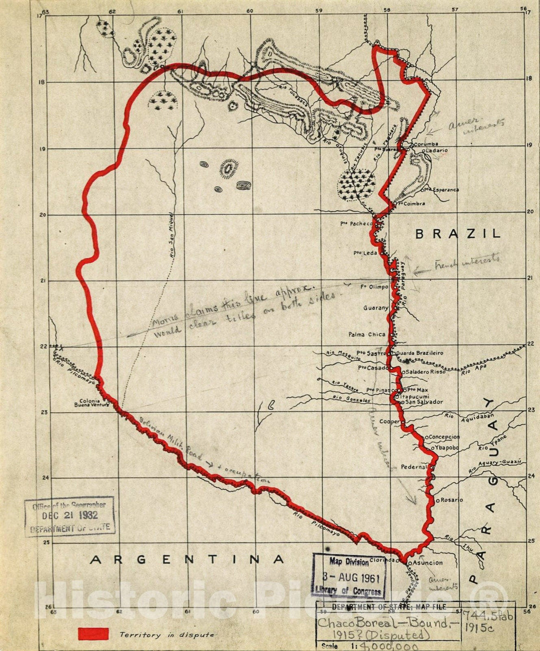 Historic 1915 Map - Brazil and Bolivia Boundary