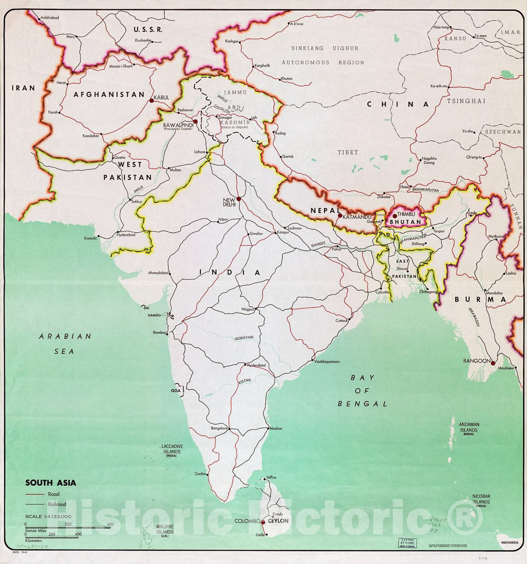 Historic 1963 Map - South Asia. 10-63.