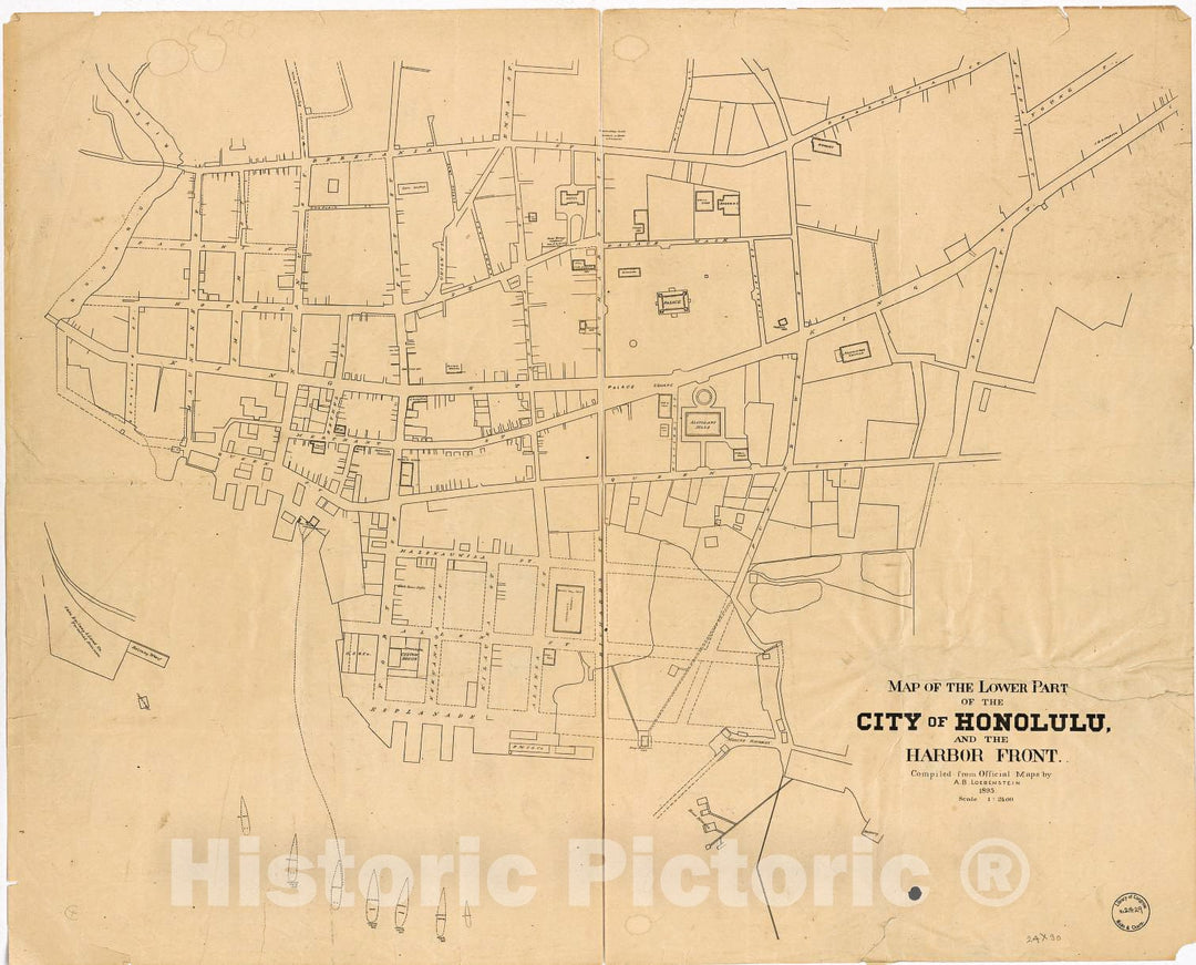 Historic 1893 Map - Map of The Lower Part of The City of Honolulu and The Harbor Front