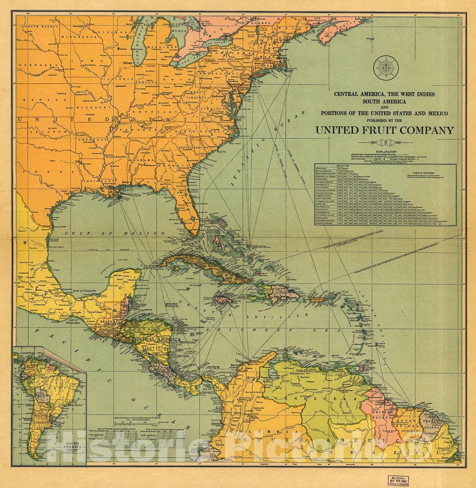 Historic 1909 Map - Central America, The West Indies South America and portions of The United States and Mexico.