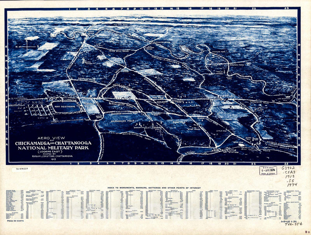 Historic 1974 Map - Aero View of Chickamauga and Chattanooga National Military Park (Looking East).