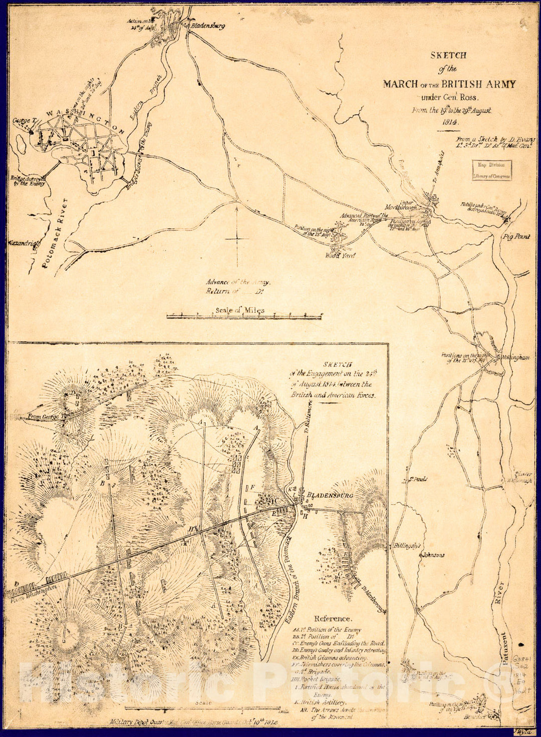 Historic 1814 Map - Sketch of The March of The British Army Under Gen'l Ross from The 19th to The 29th August 1814 : Central Maryland Between Benedict and Washington D.C.