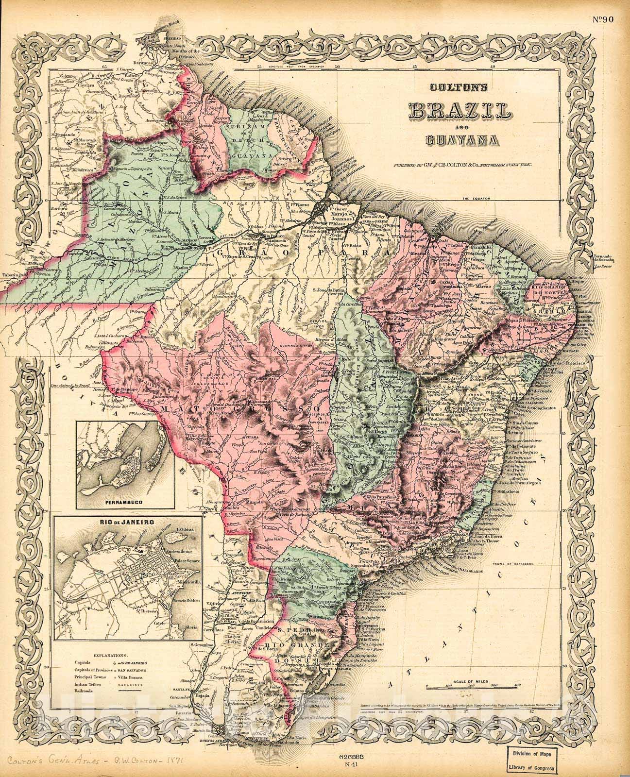 Historic 1871 Map - Colton's Brazil with Guayana.