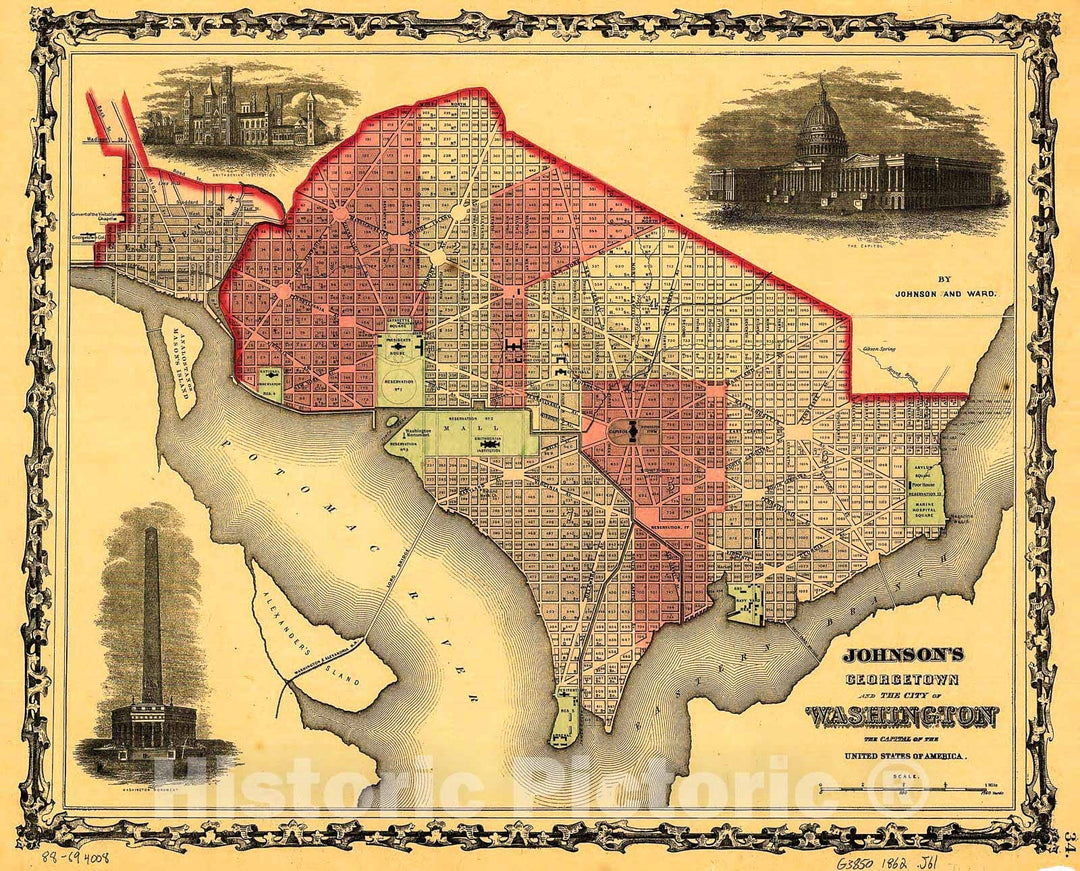 Historic 1862 Map - Johnson's Georgetown and The City of Washington : The Capital of The United States of America