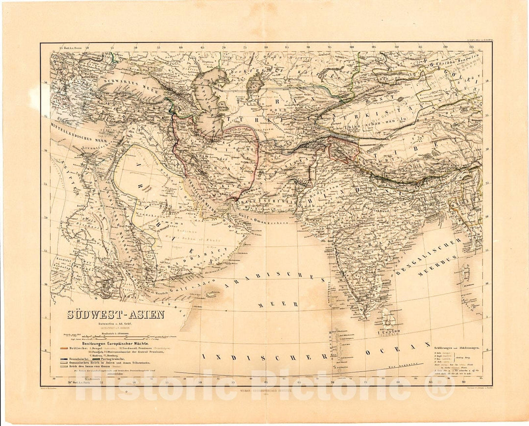 Historic 1866 Map - Sudwest-Asien : Possessions of European Powers