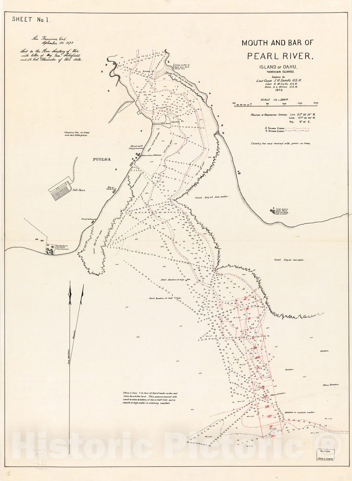 Historic 1873 Map - Mouth and bar of Pearl River, Island of Oahu, Hawaiian Islands