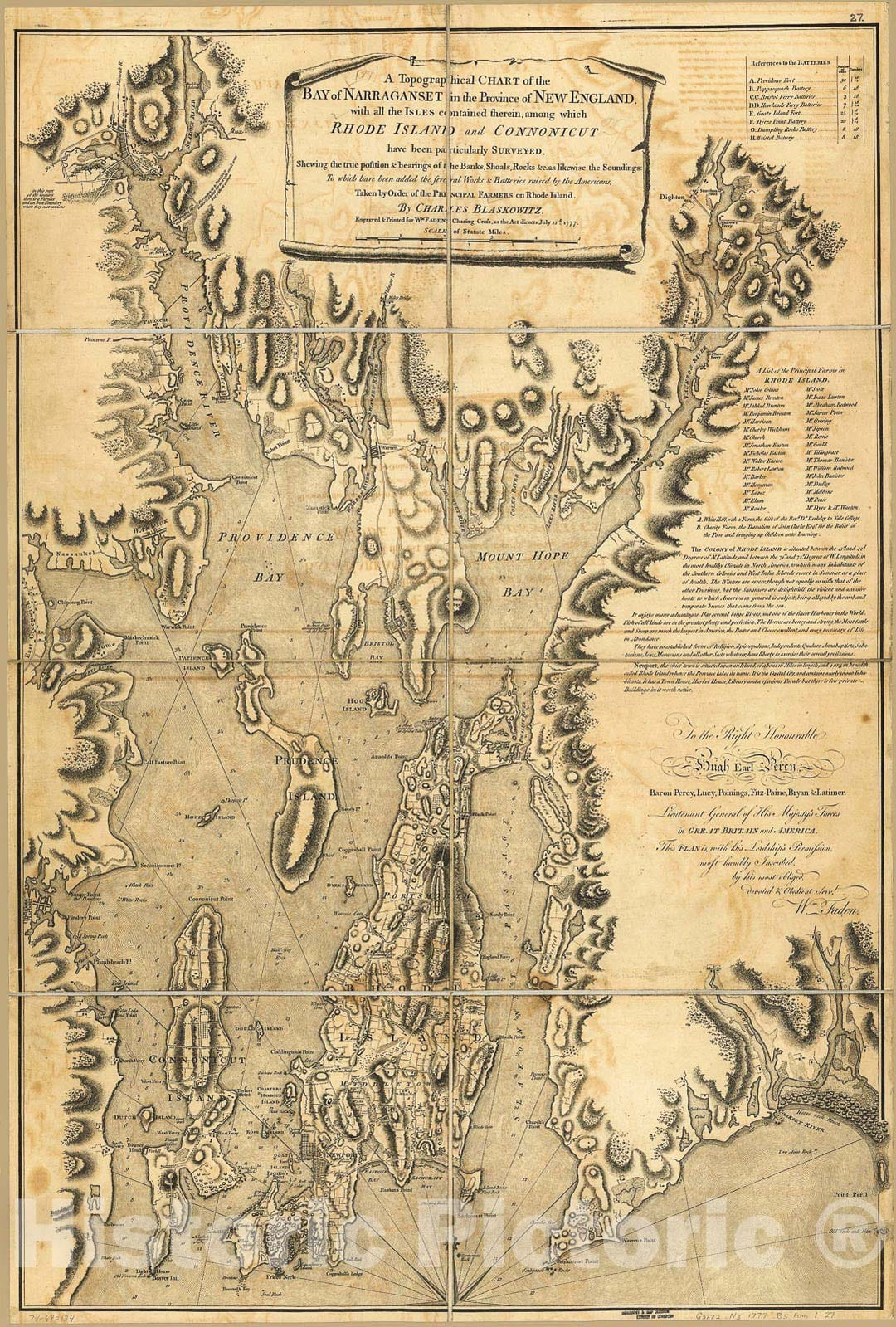 Historic 1777 Map - A Topographical Chart of The Bay of Narraganset in The Province of New England, with All The Isles contained therein, Among which Rhode Island and Connonicut