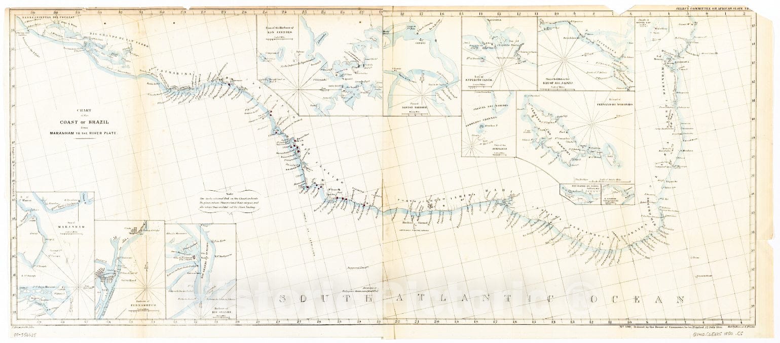 Historic 1850 Map - Chart of The Coast of Brazil from Maranham to The River Plate.