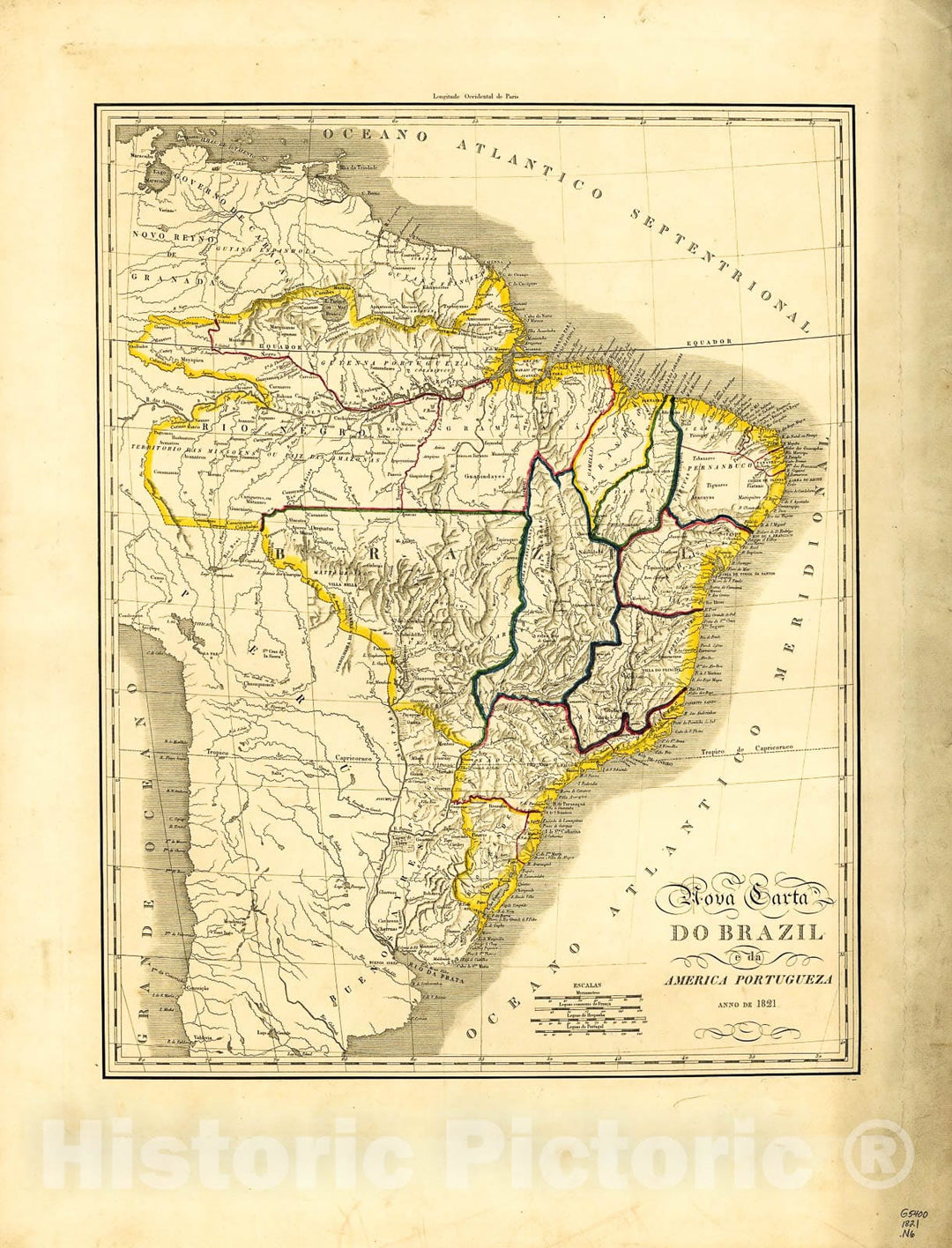 Historic 1821 Map - Nova Carta do Brazil e da America portugueza, Anno de 1821.