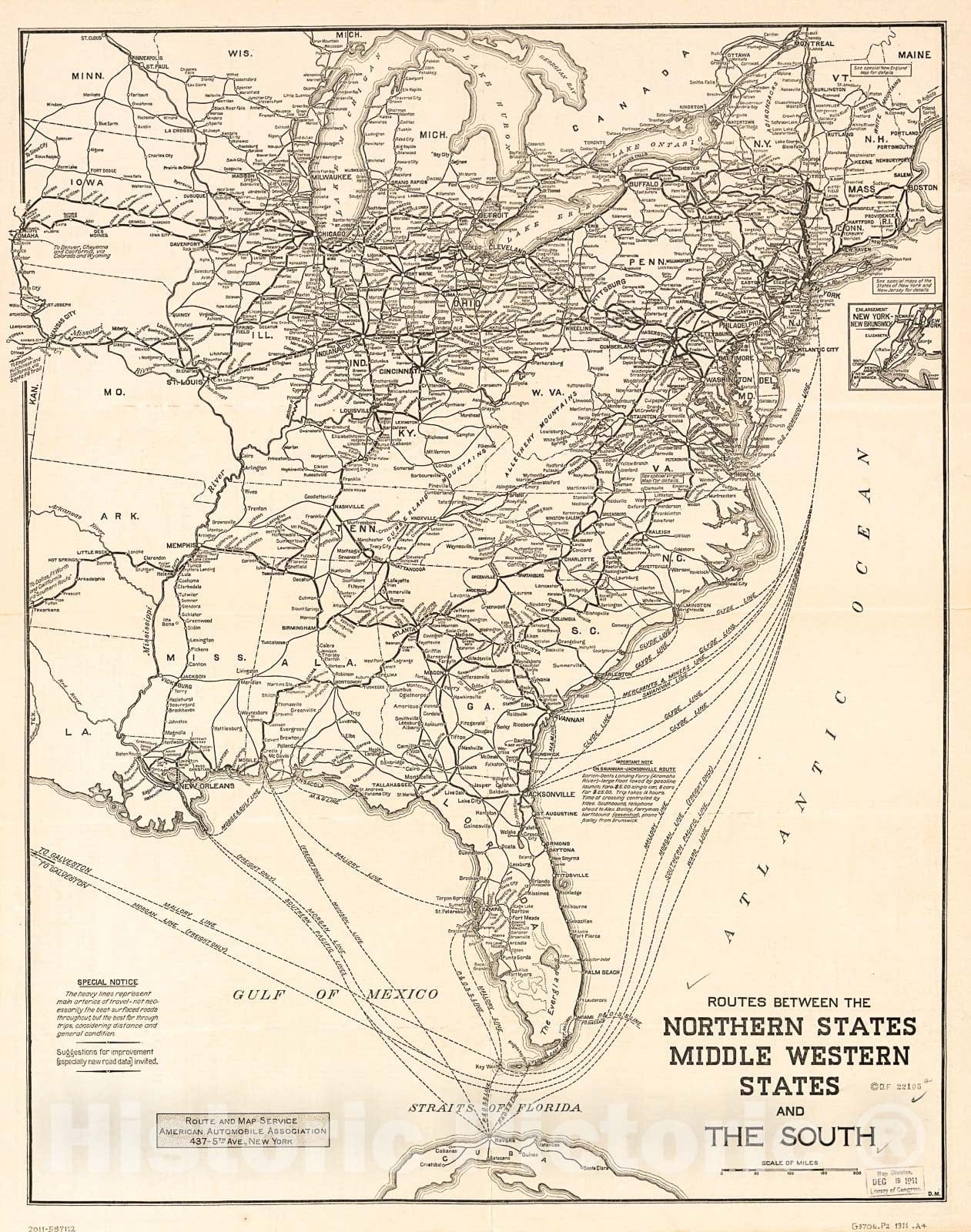 Historic 1911 Map - North and South, map of Main-Traveled Routes : Showing Principal Roads in The Northern and Central Western States, and Their Connections with The Main-Traveled Highways