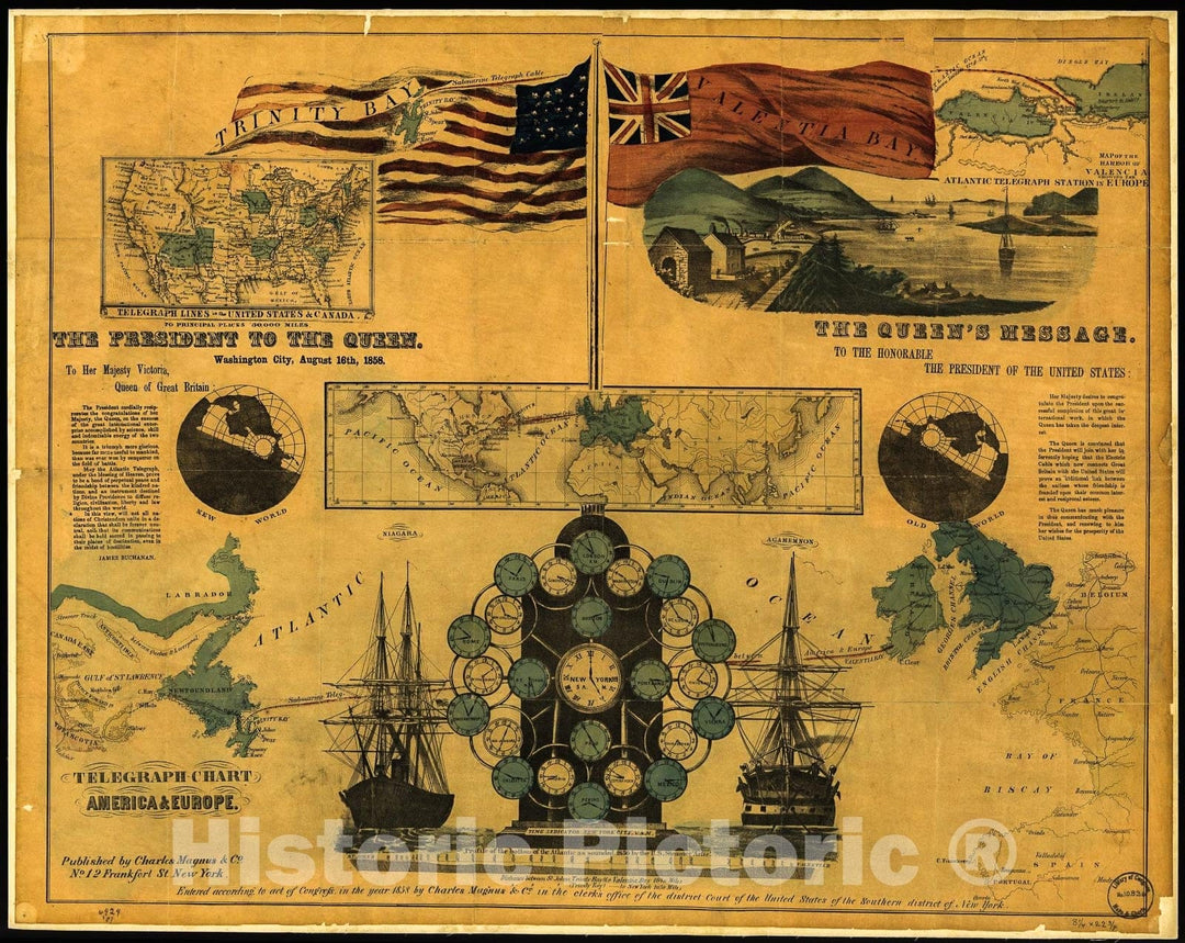 Historic 1858 Map - Telegraph Chart, America and Europe.