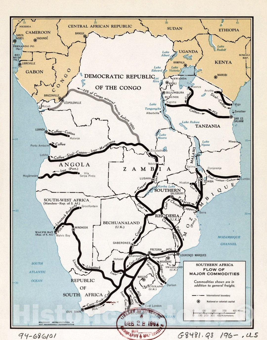 Historic 1960 Map - Southern Africa, Flow of Major Commodities.