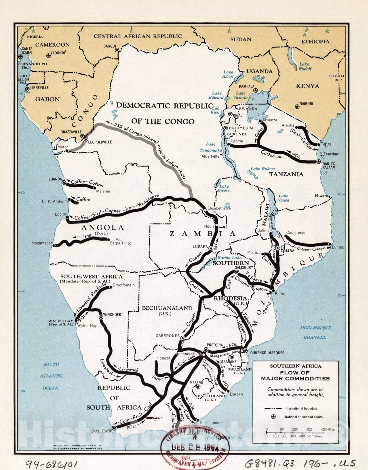 Historic 1960 Map - Southern Africa, Flow of Major Commodities.