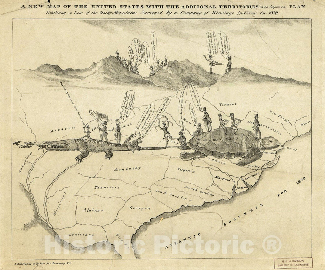 Historic 1828 Map - A New map of The United States with The Additional Territories : on an Improved Plan, exhibiting a View of The Rocky Mountains surveyed by a Company of Winebago