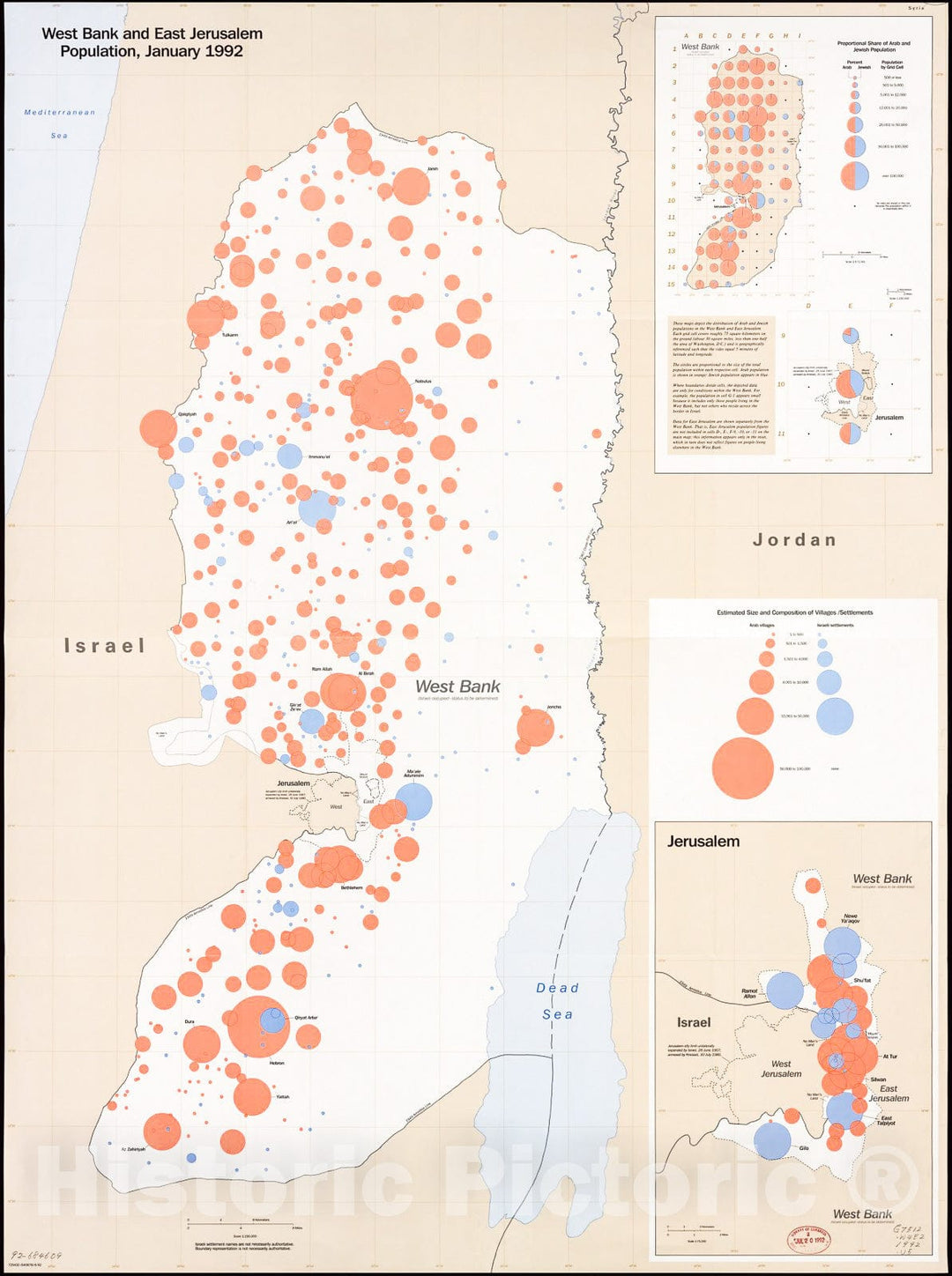 Historic 1992 Map - West Bank and East Jerusalem, Population, January 1992.