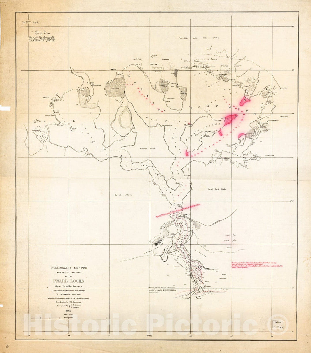 Historic 1873 Map - Preliminary Sketch Showing The Coast line of The Pearl Lochs, Oahu, Hawaiian Islands