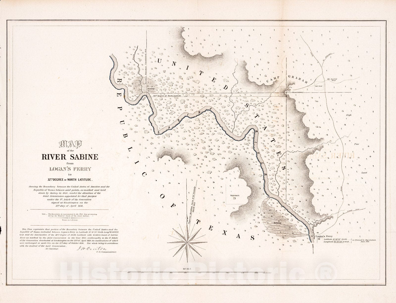 Historic 1842 Map - Map of The River Sabine from Logan's Ferry to 32nd Degree of North Latitude : shewing The Boundary Between The United States of America and The Republic of Texas