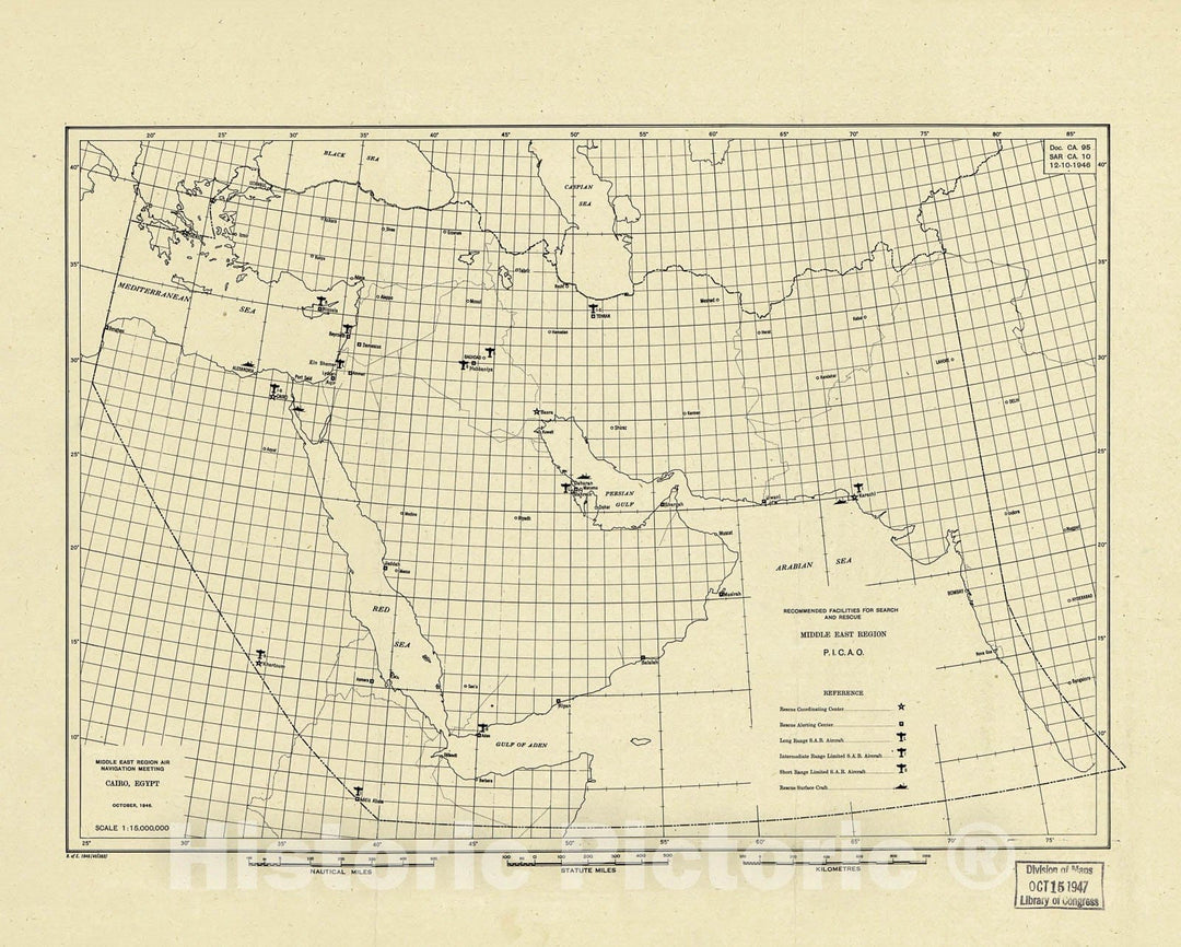 Historic 1946 Map - Middle East Region air Navigation Meeting : Cairo, Egypt.