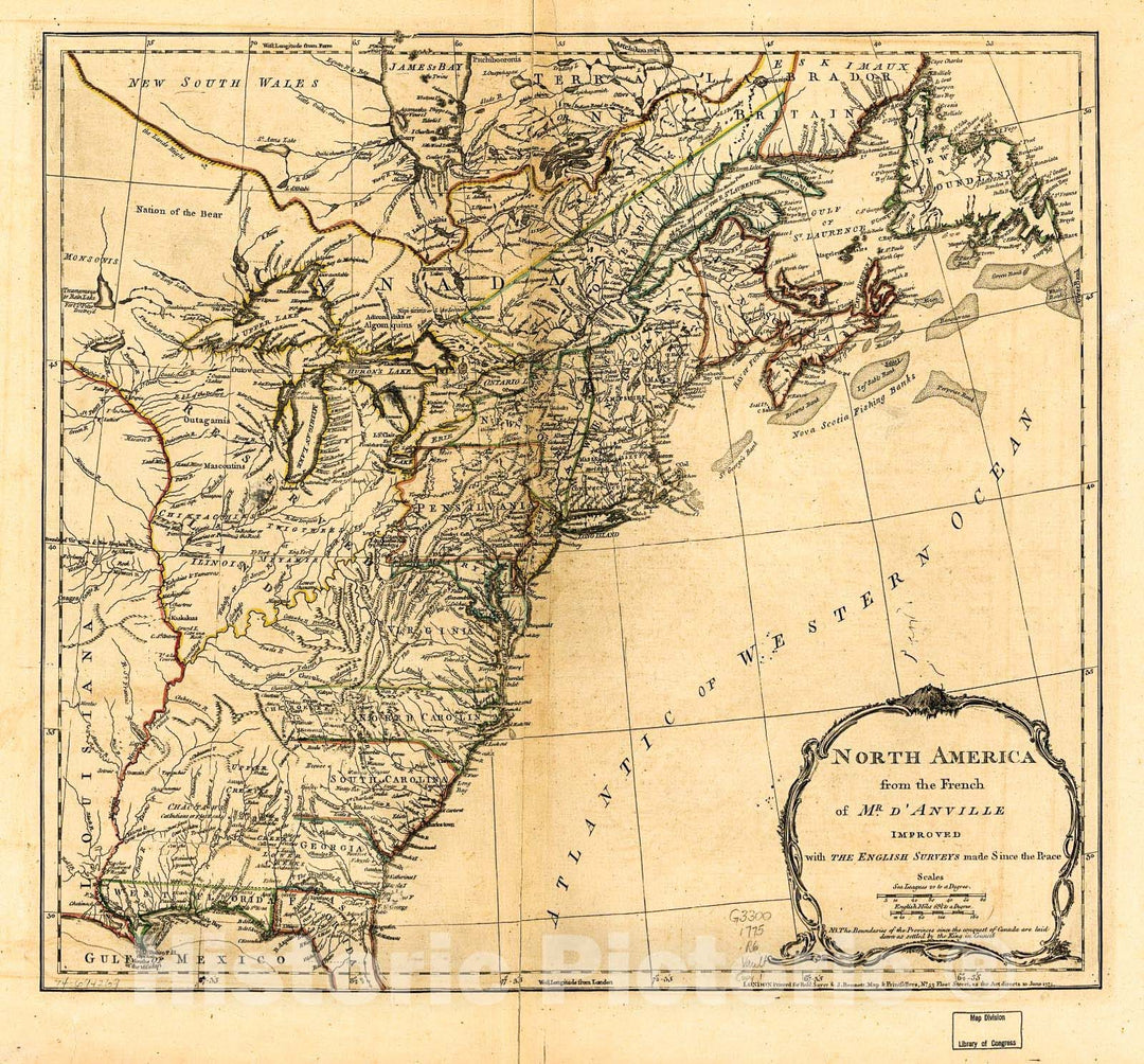 Historic 1775 Map - North America from The French of Mr. d'Anville Improved with The English surveys Made Since The Peace.