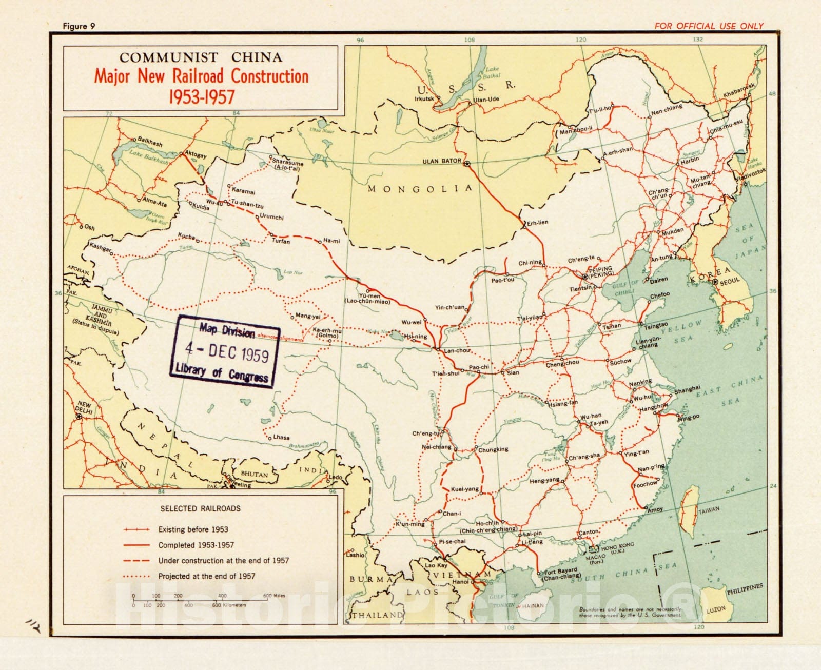 Historic 1958 Map - Communist China, Major New Railroad Construction 1953-1957.