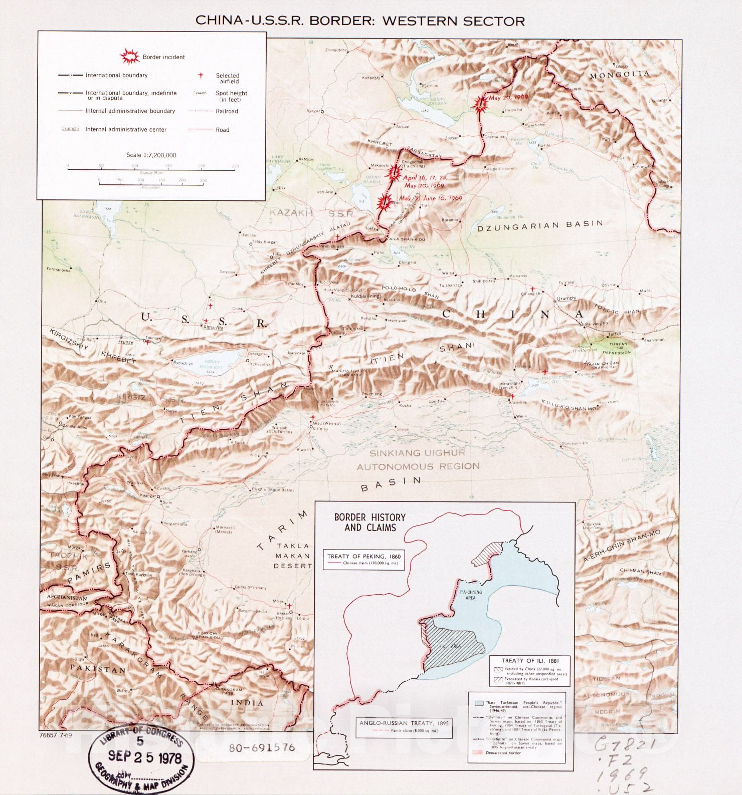 Historic 1969 Map - China-U.S.S.R. Border, Western Sector.