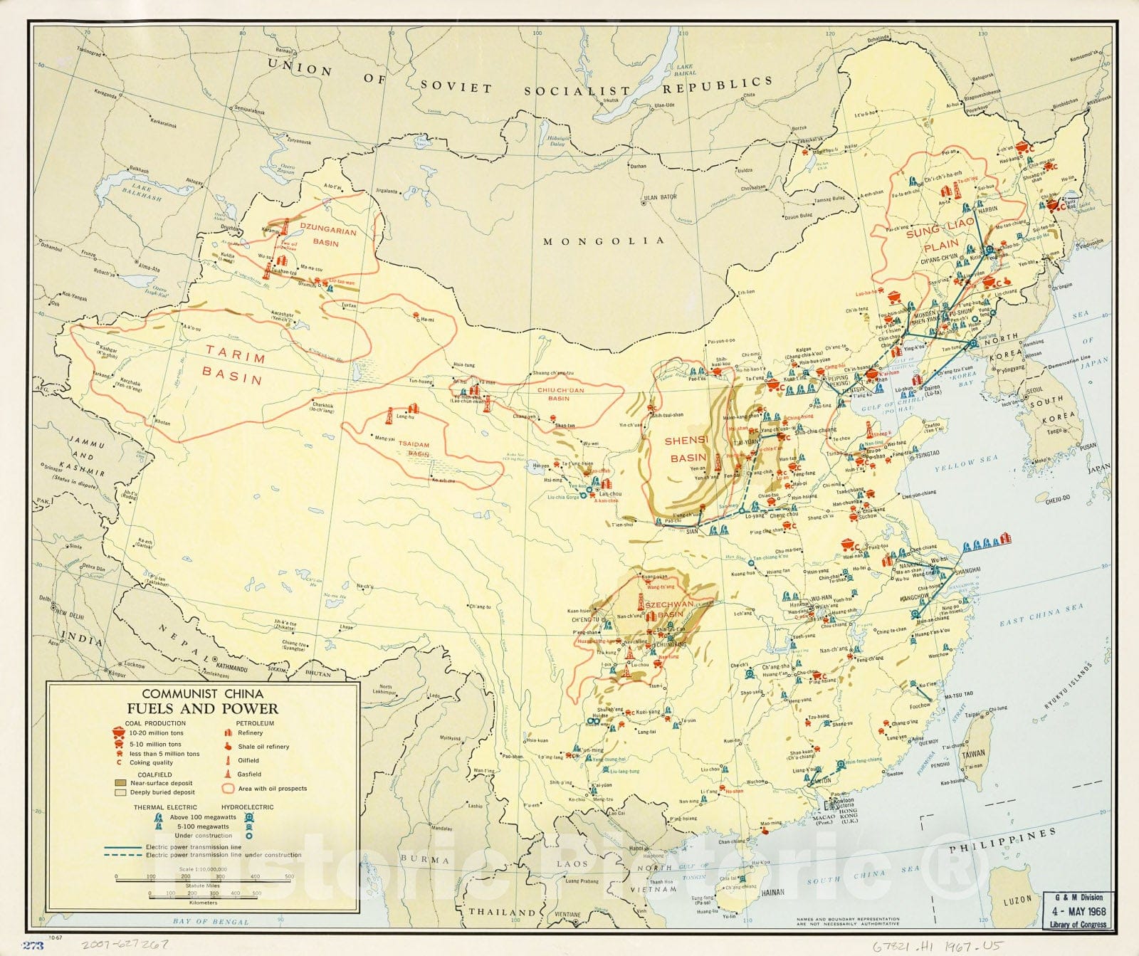 Historic 1967 Map - Communist China, Fuels and Power.