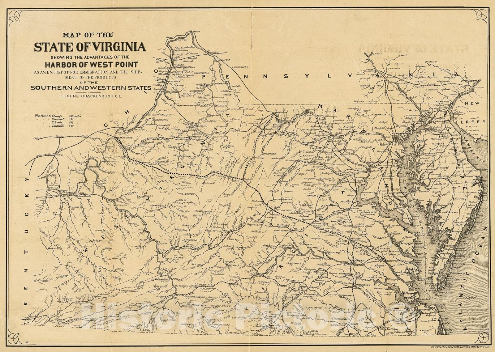 Historic 1875 Map - Map of The State of Virginia : Showing The advantages of The Harbor of West Point as an Entrepot for emmigration and The Shipment of The Products