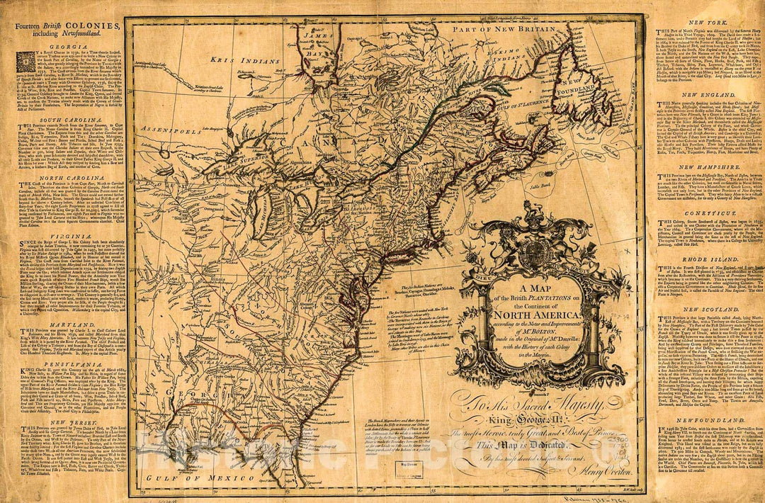 Historic 1755 Map - A map of The British plantations on The Continent of North America, According to The Notes and improvements of Mr. Bolton, Made in The Original of Mr. Danville