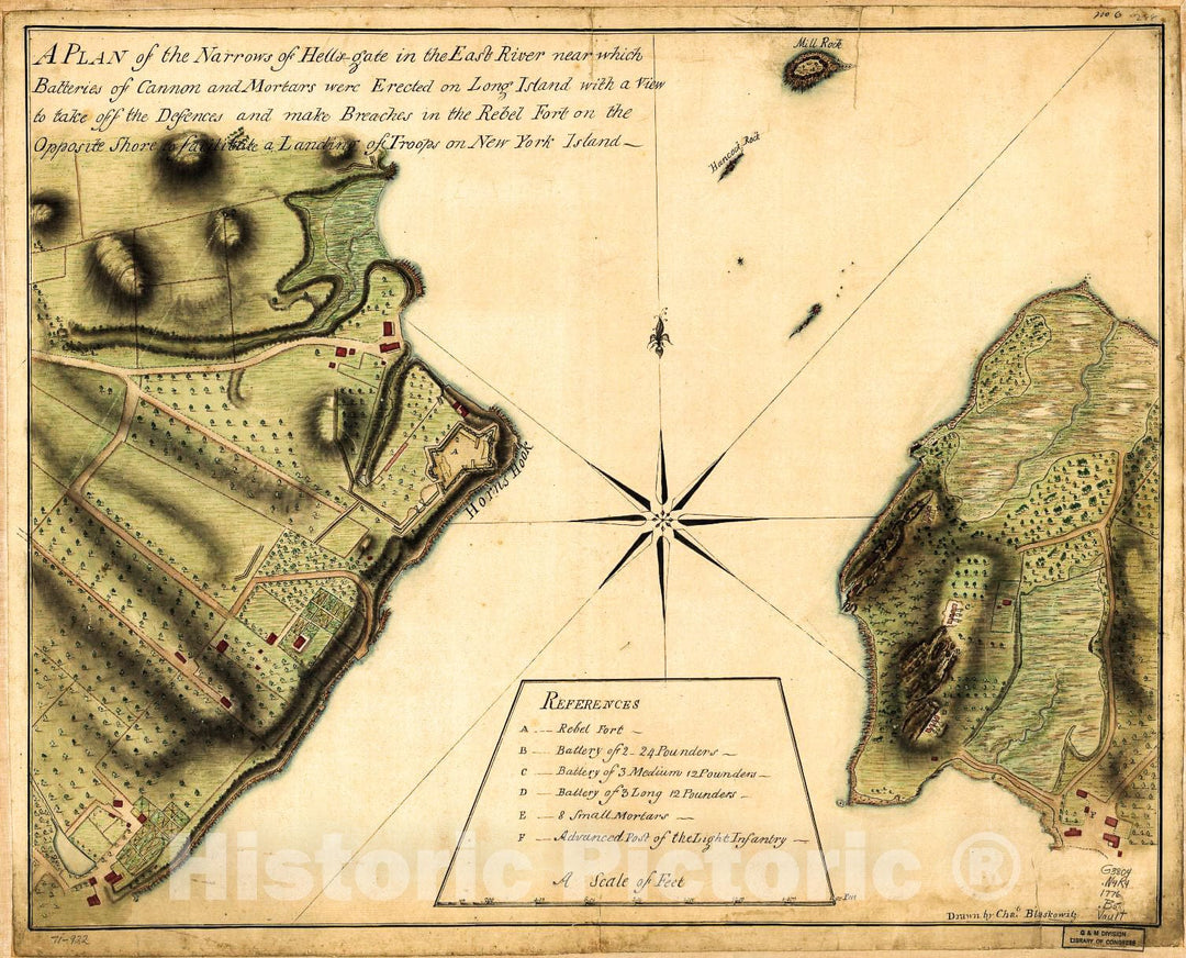 Historic 1776 Map - A Plan of The Narrows of Hells-gate in The East River, Near which Batteries of Cannon and mortars were erected on Long Island with a View to take Off The defences