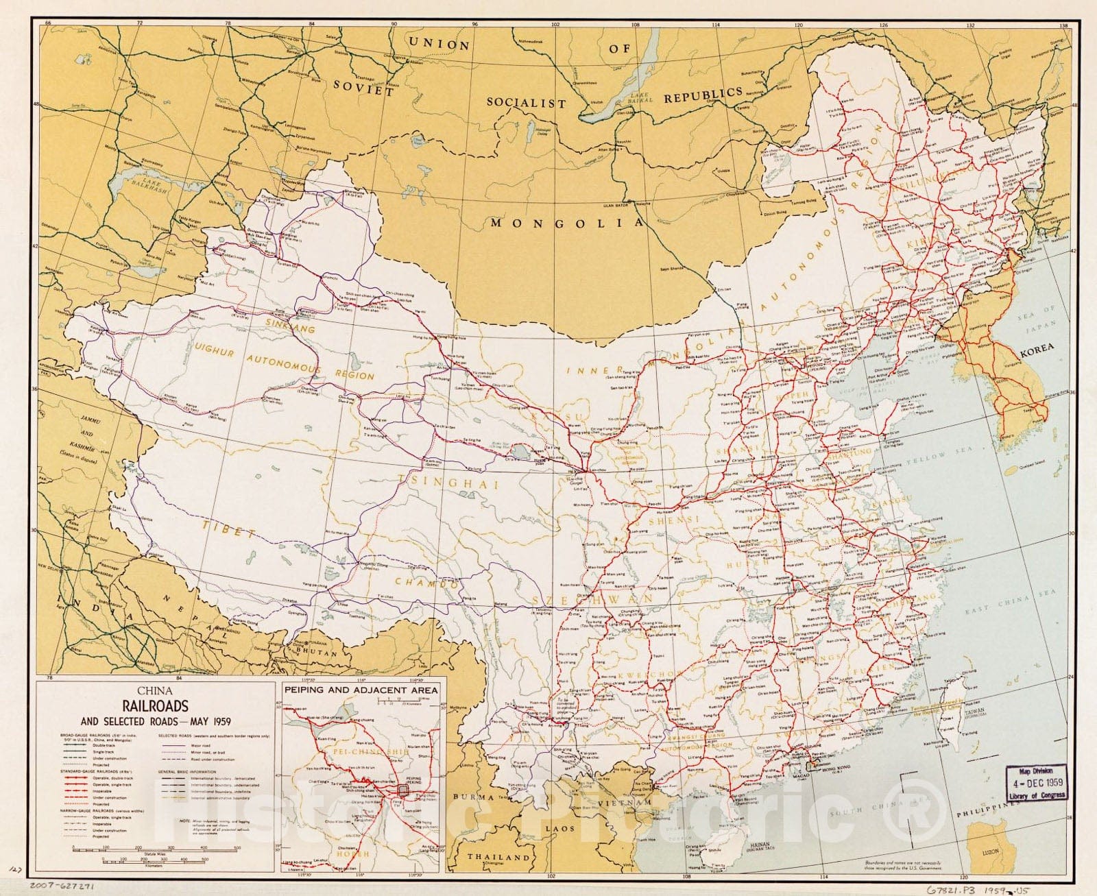 Historic 1959 Map - China Railroads and Selected Roads, May 1959.