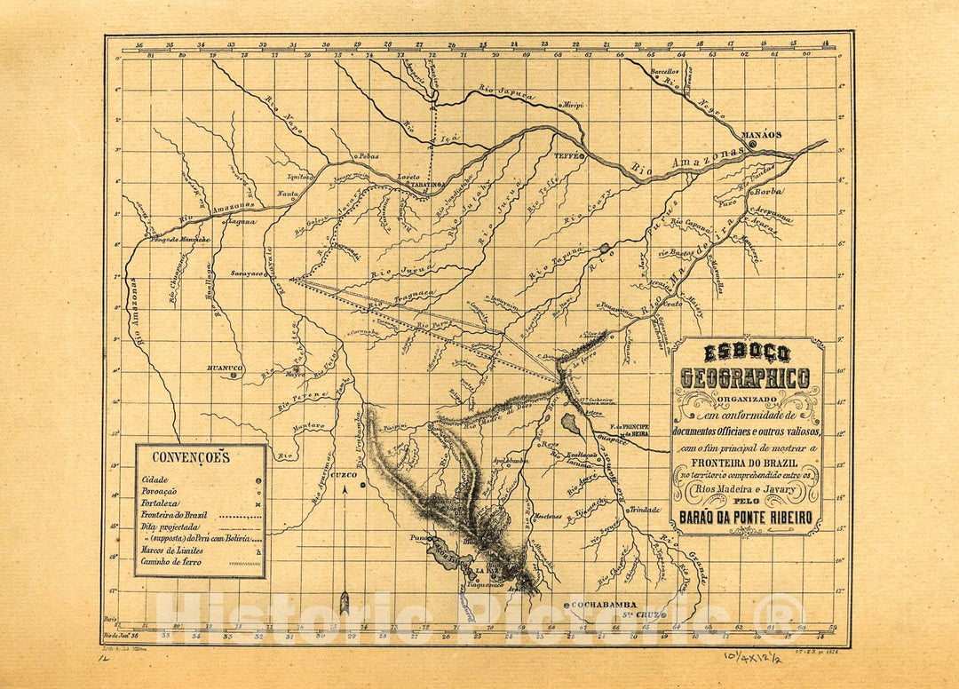 Historic 1874 Map - EsboÃ§o geographico organizado em conformidade de documentos officiaes e outros valiosos com o fim Principal de mostrar a fronteira do Brazil