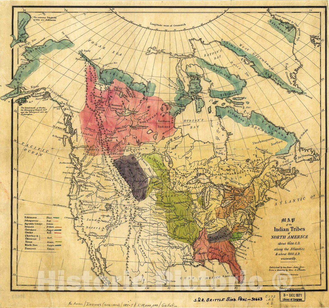 Historic 1836 Map - Map of The Indian Tribes of North America, About 1600 A.D. Along The Atlantic, About 1800 A.D. westwardly